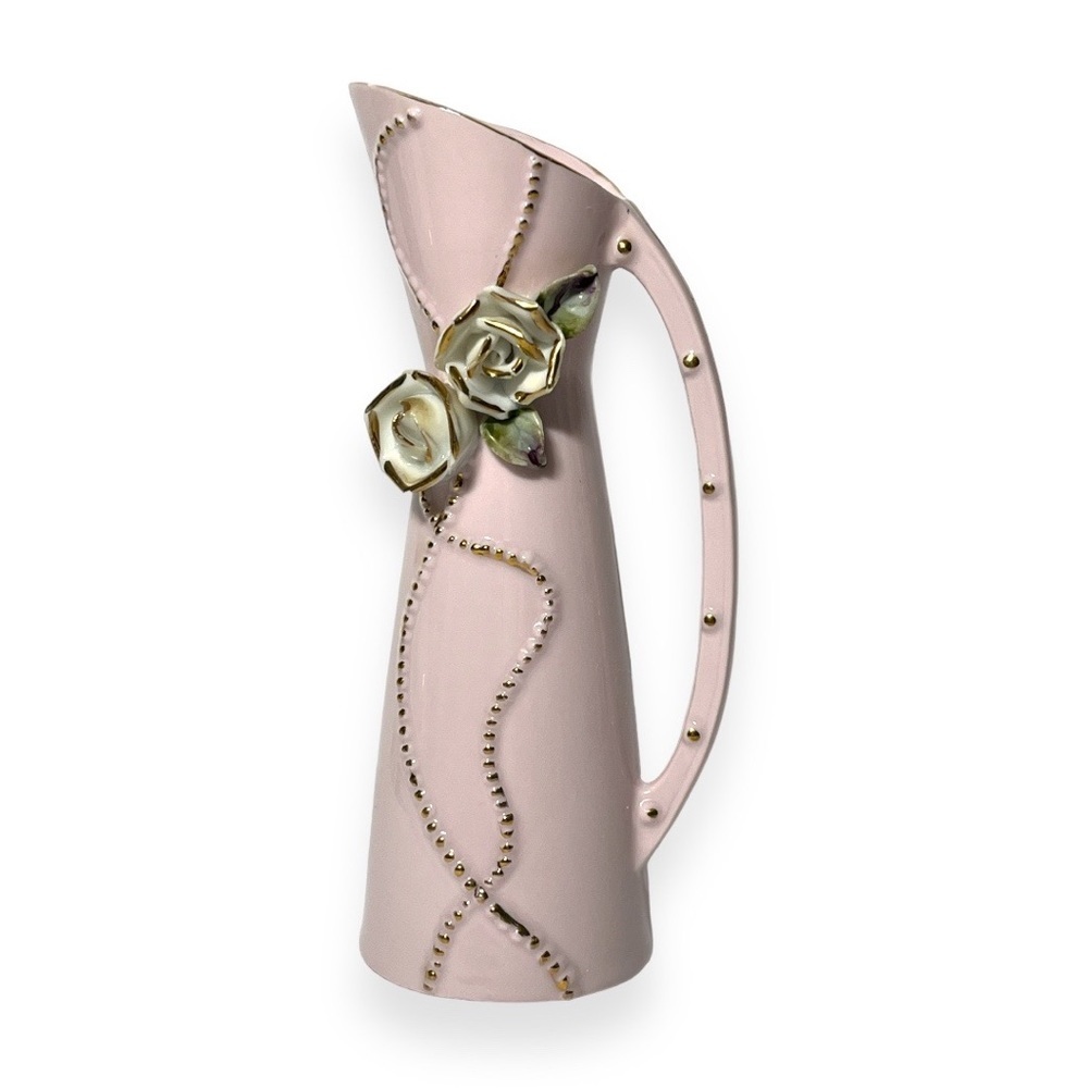 Pink Porcelain Bud Pitcher Vase with 3D Roses and‎ Gold Detailing